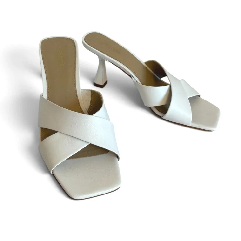 Michael Kors Clara Mule Optic White Leather Square Toe Kitten Heel Sandals 8M